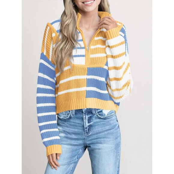 Women’s Yellow Saodi mallsu Striped Cropped Zip Up Sweater, Color Block - Picture 3 of 6